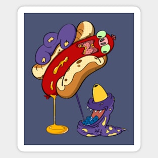 Hungry Monster and Scared Hotdog Cartoon Magnet